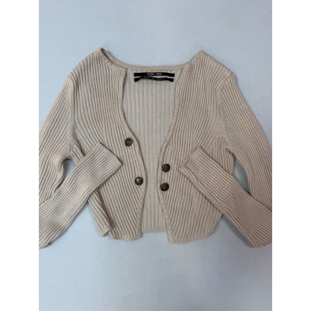 Silence + Noise Beige Ribbed Cropped Cardigan Crest Buttons OB2058063 Small